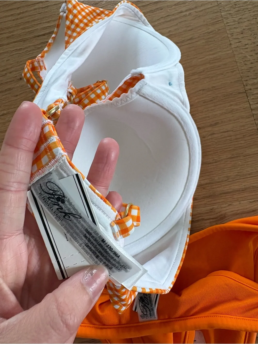 Orange Gingham Push-Up Bikini Top & Solid Orange Bottoms - Women Swim